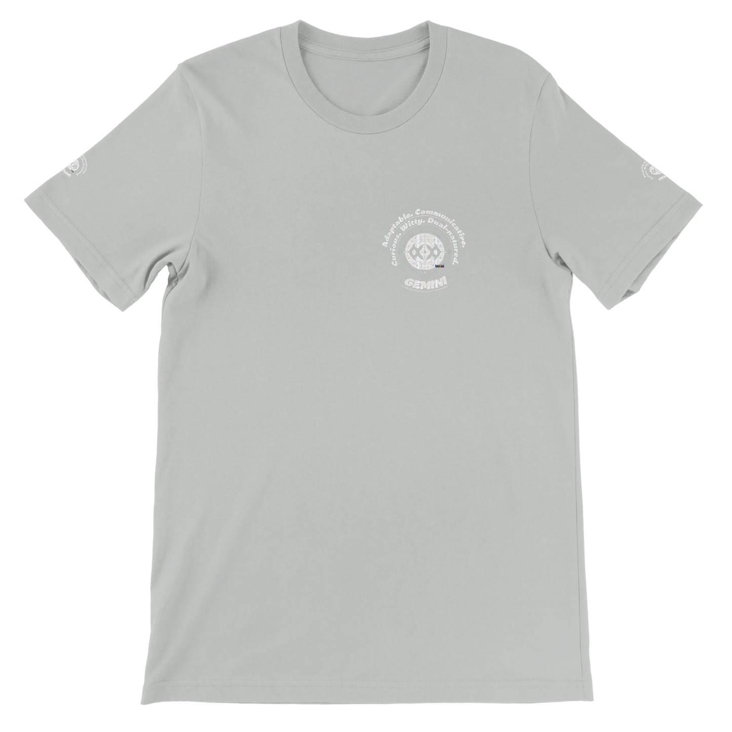 Gray unisex crewneck T-shirt with Gemini Zodiac Horoscope. Characters of Adaptable Curious Communicative Witty Dual-natured.