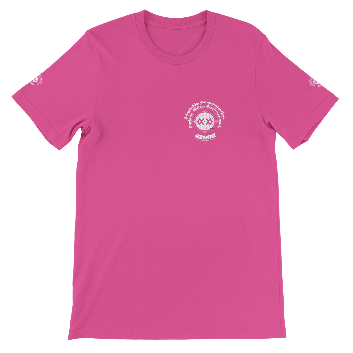 Pink unisex crewneck Premium T-shirt with Gemini zodiac, perfect birthday gift for astrology lovers, soft and stylish for all.