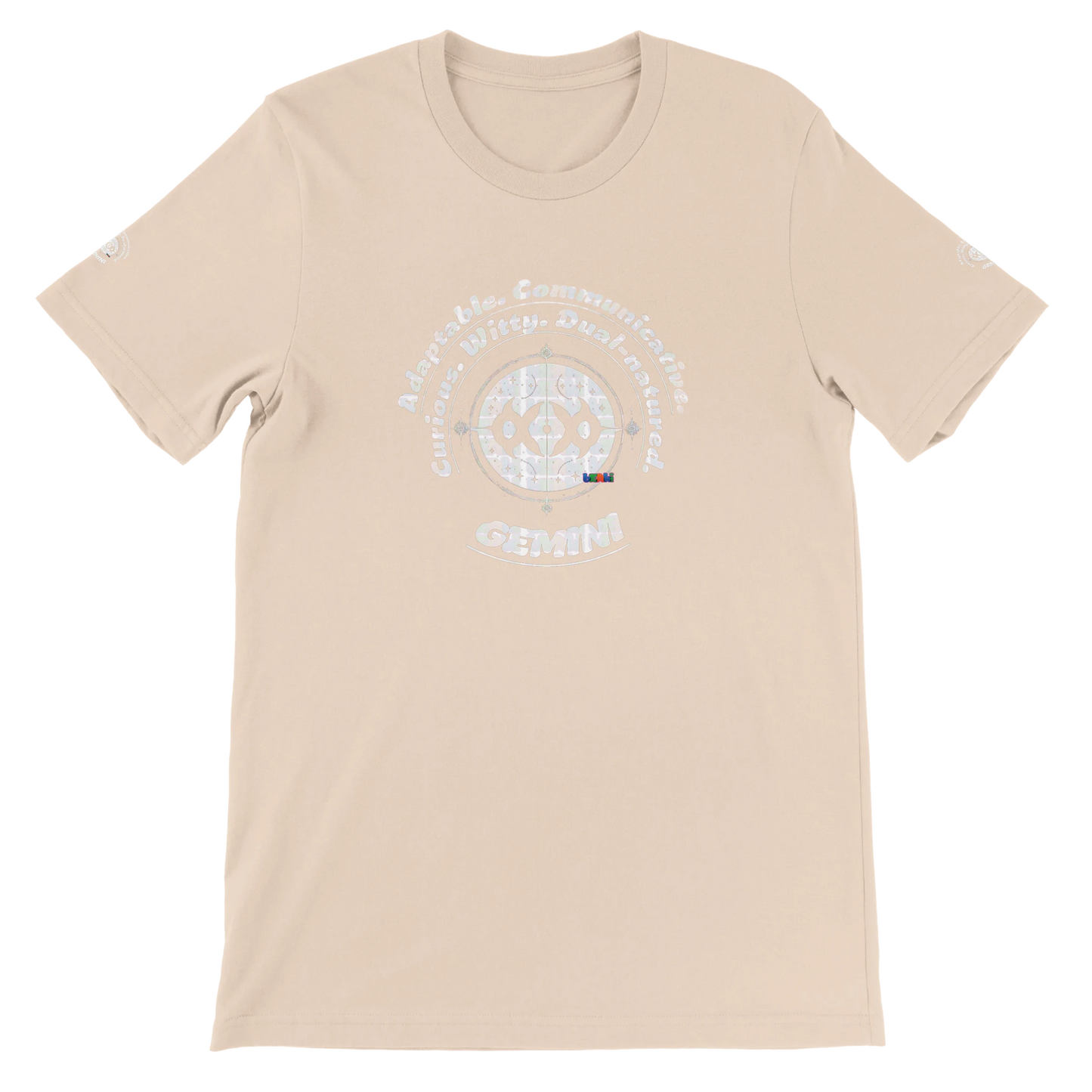 Pink unisex crewneck Premium T-shirt with Gemini zodiac, perfect birthday gift for astrology lovers, soft and stylish for all.