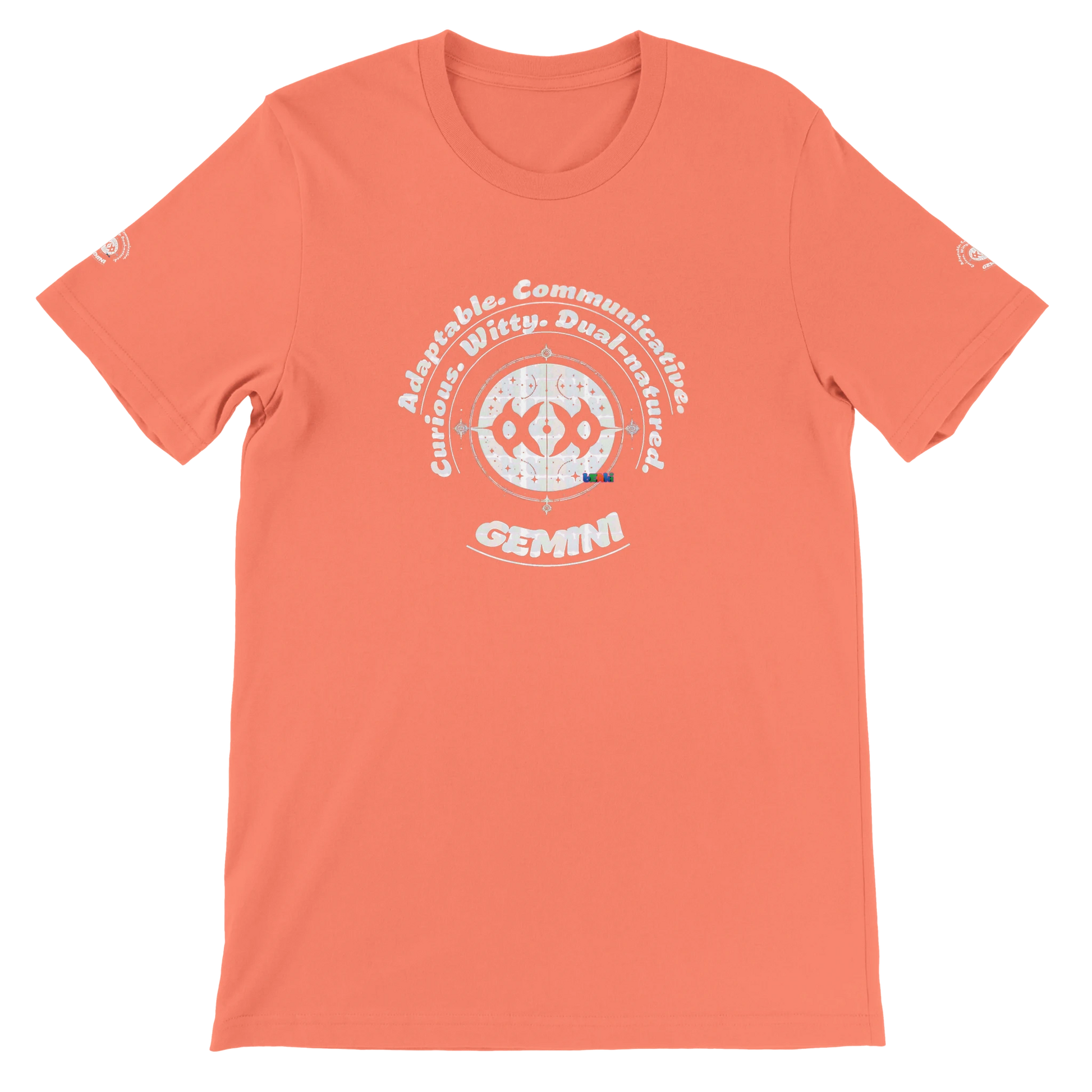 Orange unisex crewneck Bella T-shirt with Gemini zodiac horoscope, perfect birthday gift for astrology lover trendybuybest.com