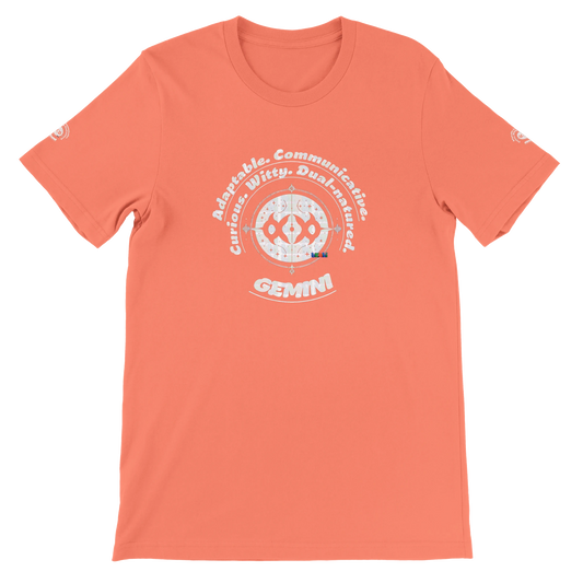 Orange unisex crewneck Bella T-shirt with Gemini zodiac horoscope, perfect birthday gift for astrology lover trendybuybest.com