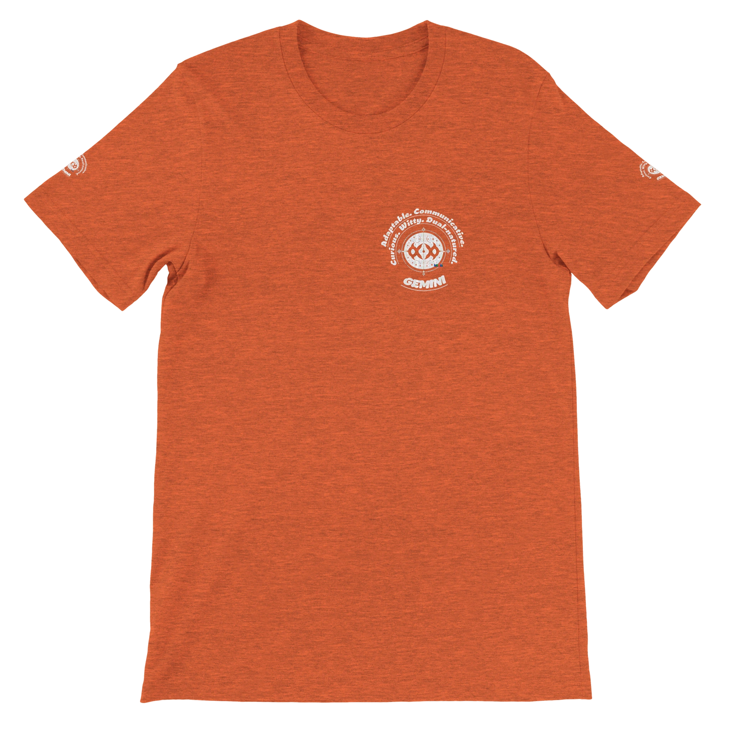 Orange unisex crewneck Bella T-shirt with Gemini zodiac horoscope, perfect birthday gift for astrology lover trendybuybest.com