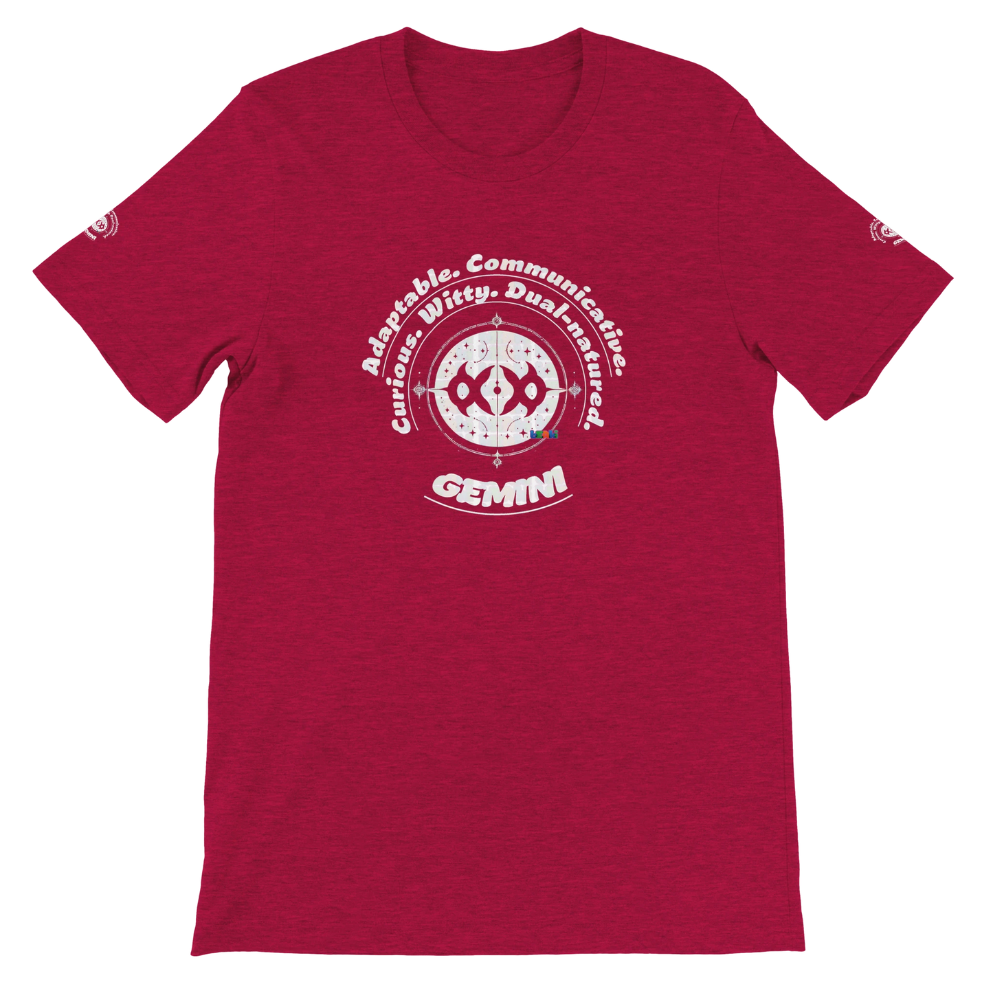 Red Premium unisex crewneck T-shirt with Gemini zodiac horoscope astrology design for Special Love One, by trendybuybest.com
