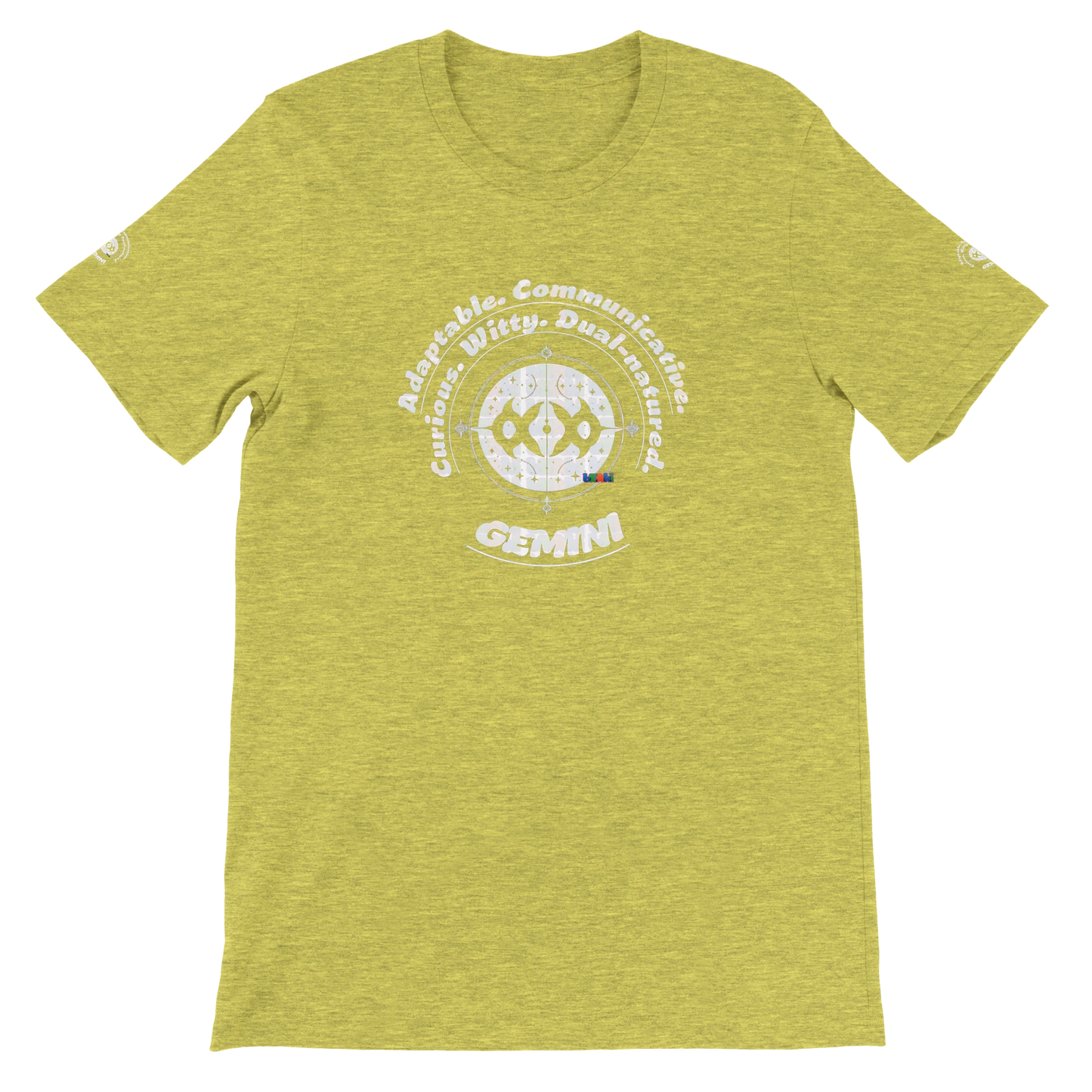 Yellow Premium unisex crewneck T-shirt with Gemini zodiac horoscope astrology design for Special Love One, trendybuybest.com