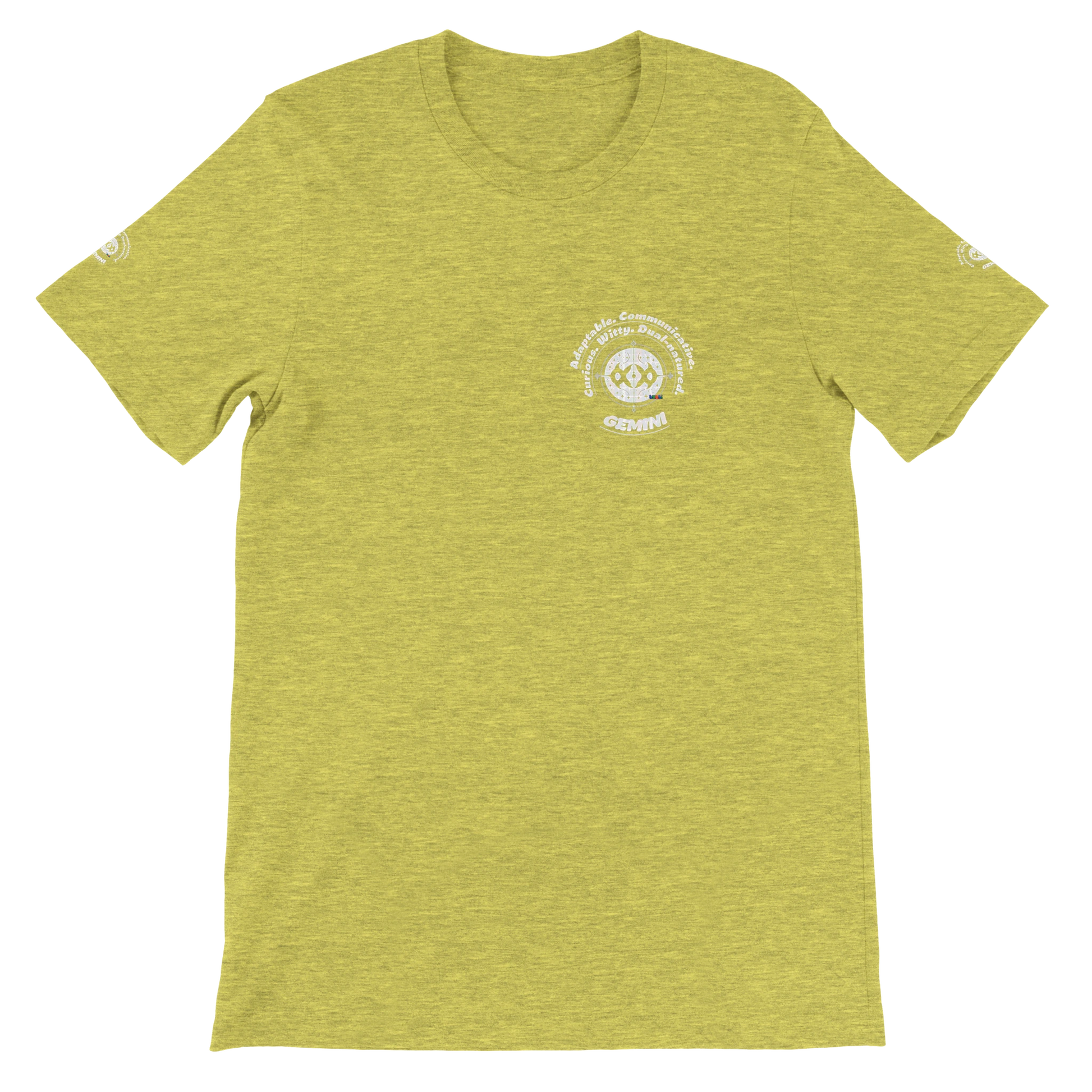 Yellow Premium unisex crewneck T-shirt with Gemini zodiac horoscope astrology design for Special Love One, trendybuybest.com