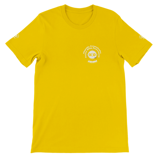 Yellow Premium unisex crewneck T-shirt with Gemini zodiac horoscope astrology design for Special Love One, trendybuybest.com