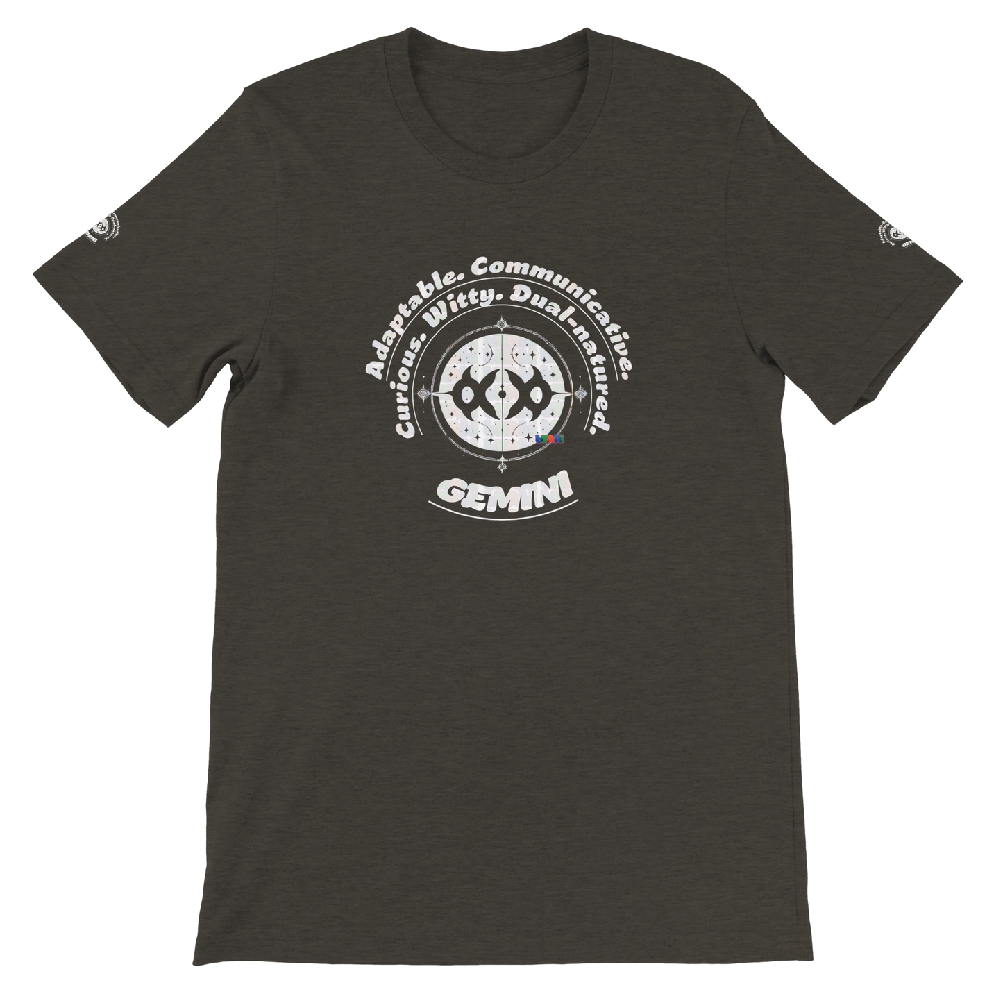 Black unisex crewneck T-shirt with Gemini Astrology Horoscope Characters Adaptable Curious Communicative Witty Dual-natured