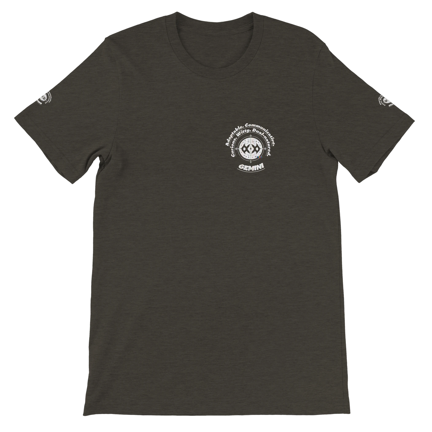 Black unisex crewneck T-shirt with Gemini Astrology Horoscope Characters Adaptable Curious Communicative Witty Dual-natured