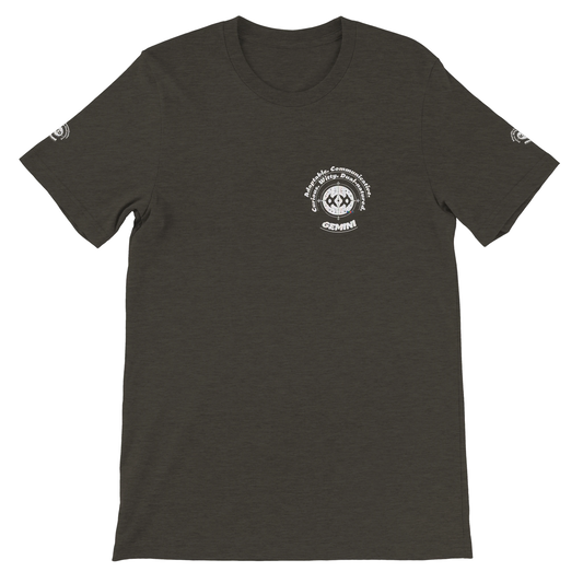 Black unisex crewneck T-shirt with Gemini Astrology Horoscope Characters Adaptable Curious Communicative Witty Dual-natured