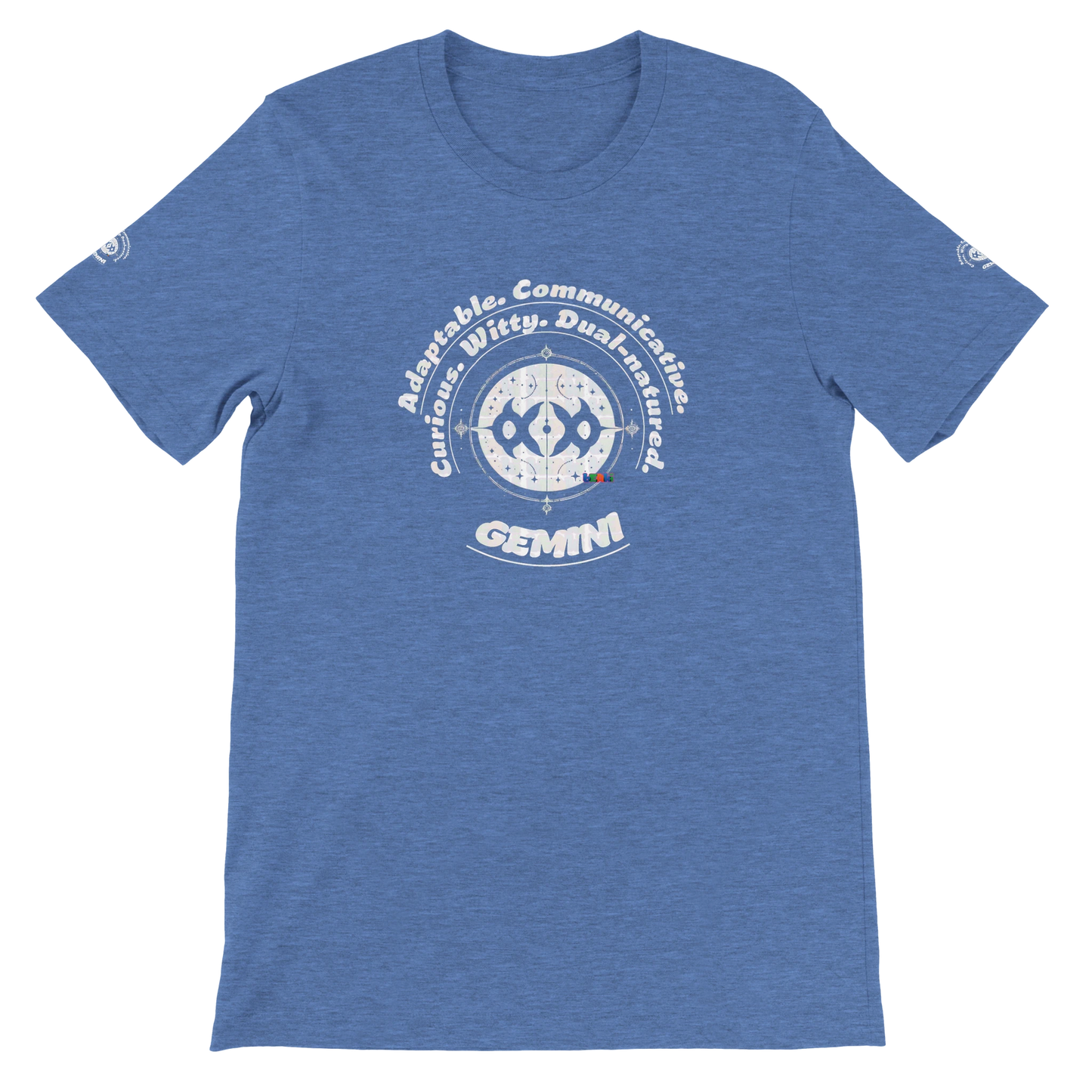 Blue unisex crewneck T-shirt with Gemini horoscope, perfect birthday gift for astrology lovers, soft and stylish for all.