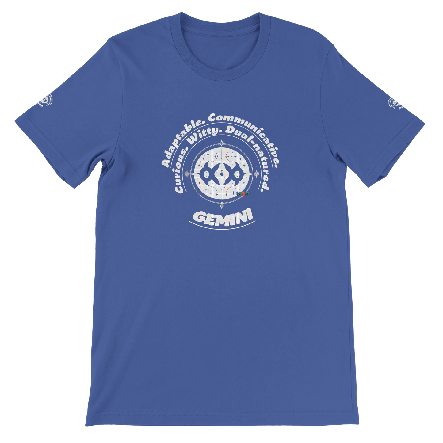 Blue unisex crewneck T-shirt with Gemini horoscope, perfect birthday gift for astrology lovers, soft and stylish for all.