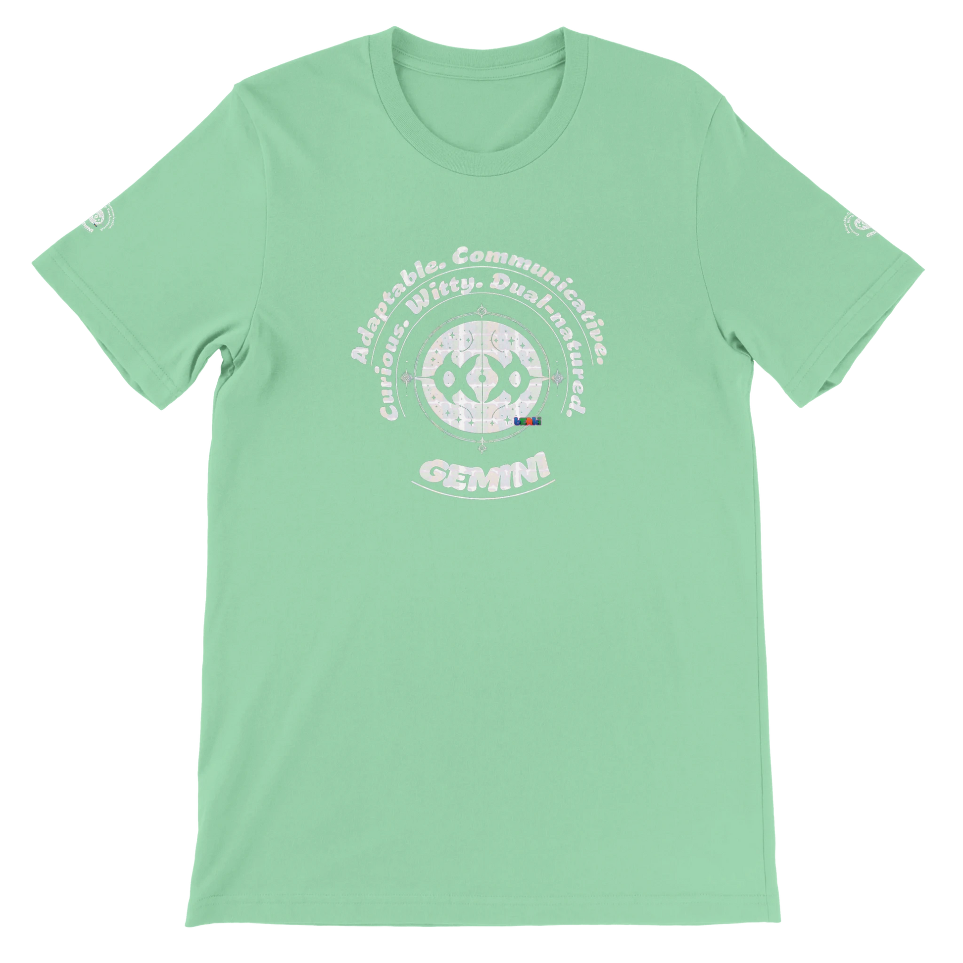Green unisex crewneck Bella T-shirt with Gemini zodiac horoscope, perfect birthday gift for astrology lover trendybuybest.com