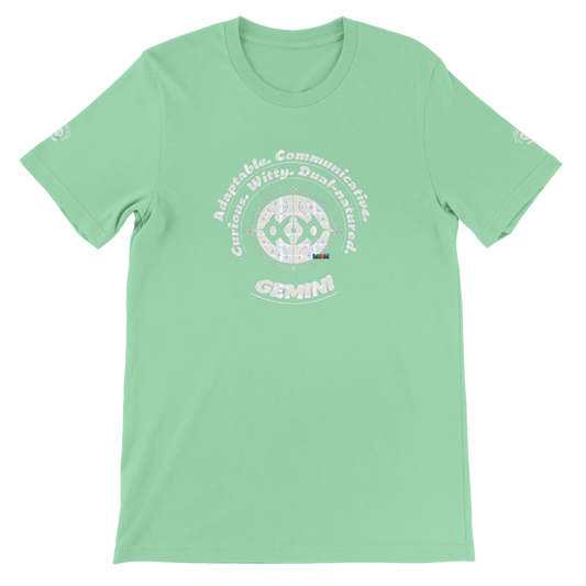 Green unisex crewneck Bella T-shirt with Gemini zodiac horoscope, perfect birthday gift for astrology lover trendybuybest.com