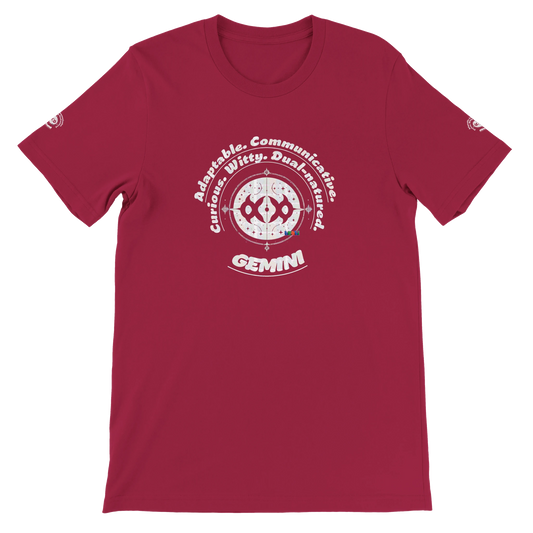 Purple unisex crewneck T-shirt with Gemini horoscope, perfect gift for astrology lover, Dual in nature, limitless in spirit.