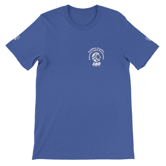 Blue unisex crewneck T-shirt with Leo Logo horoscope, perfect birthday gift for zodiac Lion lovers, soft and stylish for all.