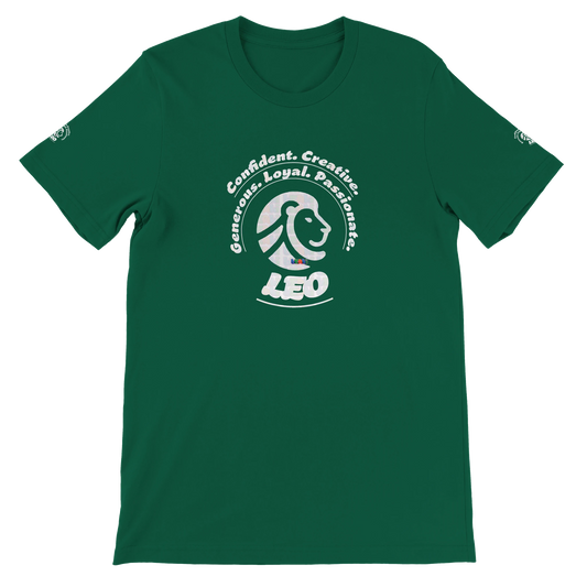 Green unisex crewneck T-shirt with Leo Zodiac Horoscope Lion Logo Characters Confident, Creative, Generous, Loyal, Passionate