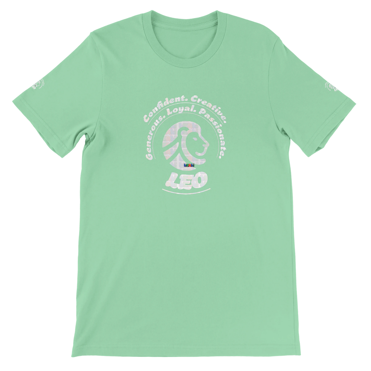 Green unisex crewneck T-shirt with Leo Zodiac Horoscope Lion Logo Characters Confident, Creative, Generous, Loyal, Passionate