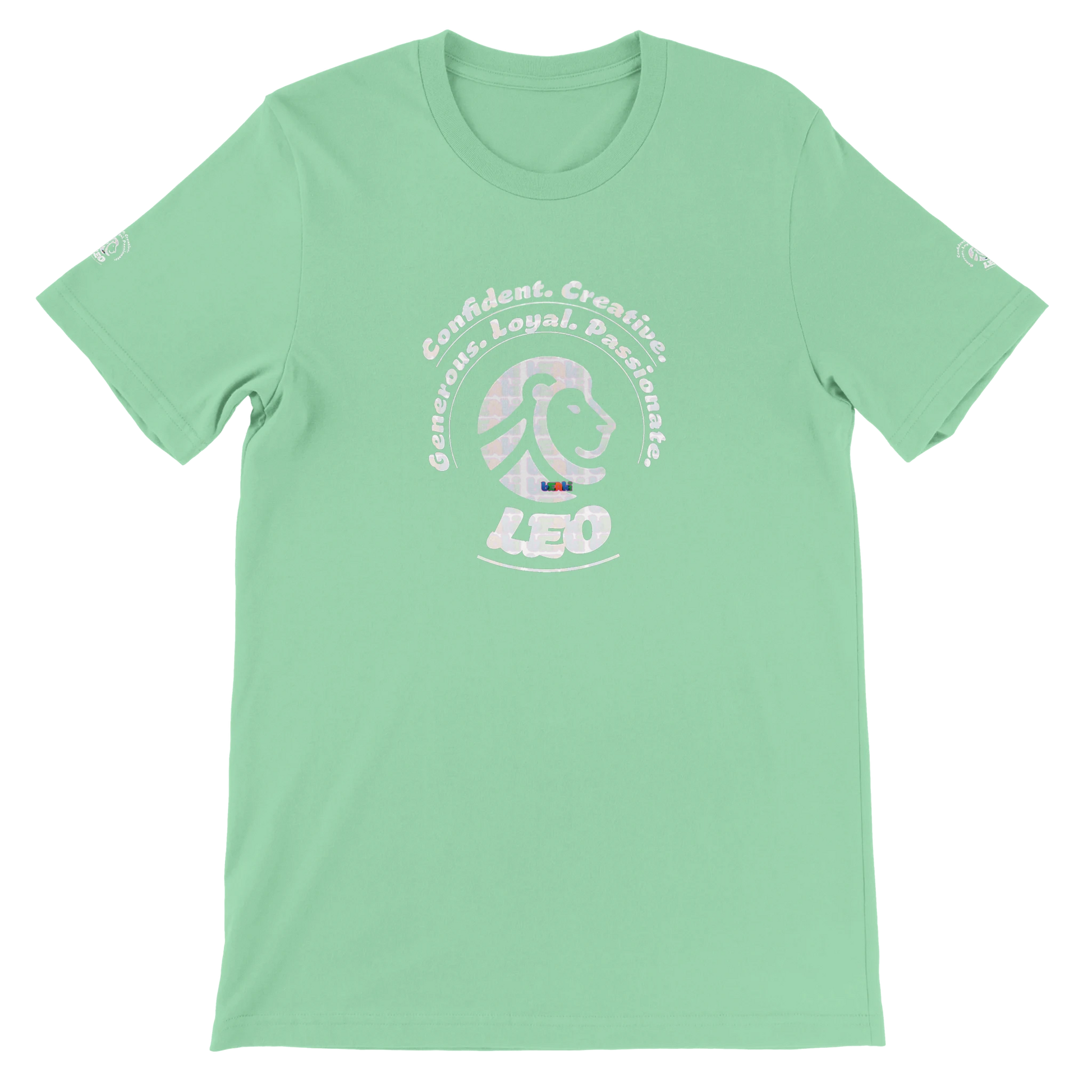 Green unisex crewneck T-shirt with Leo Zodiac Horoscope Lion Logo Characters Confident, Creative, Generous, Loyal, Passionate