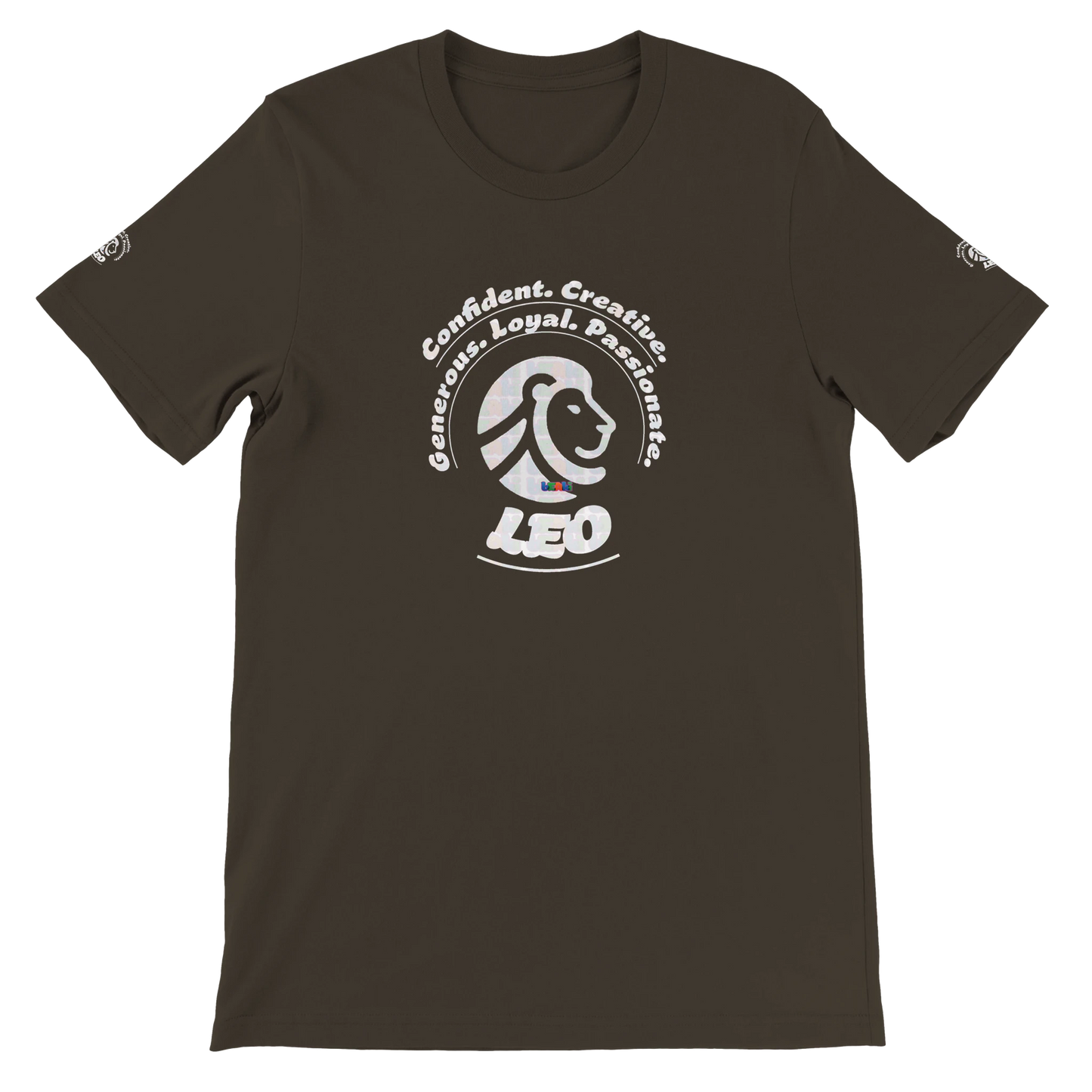 Brown unisex crewneck T-shirt with Leo Zodiac Astrology Lion Logo Characters Confident, Creative, Generous, Loyal, Passionate