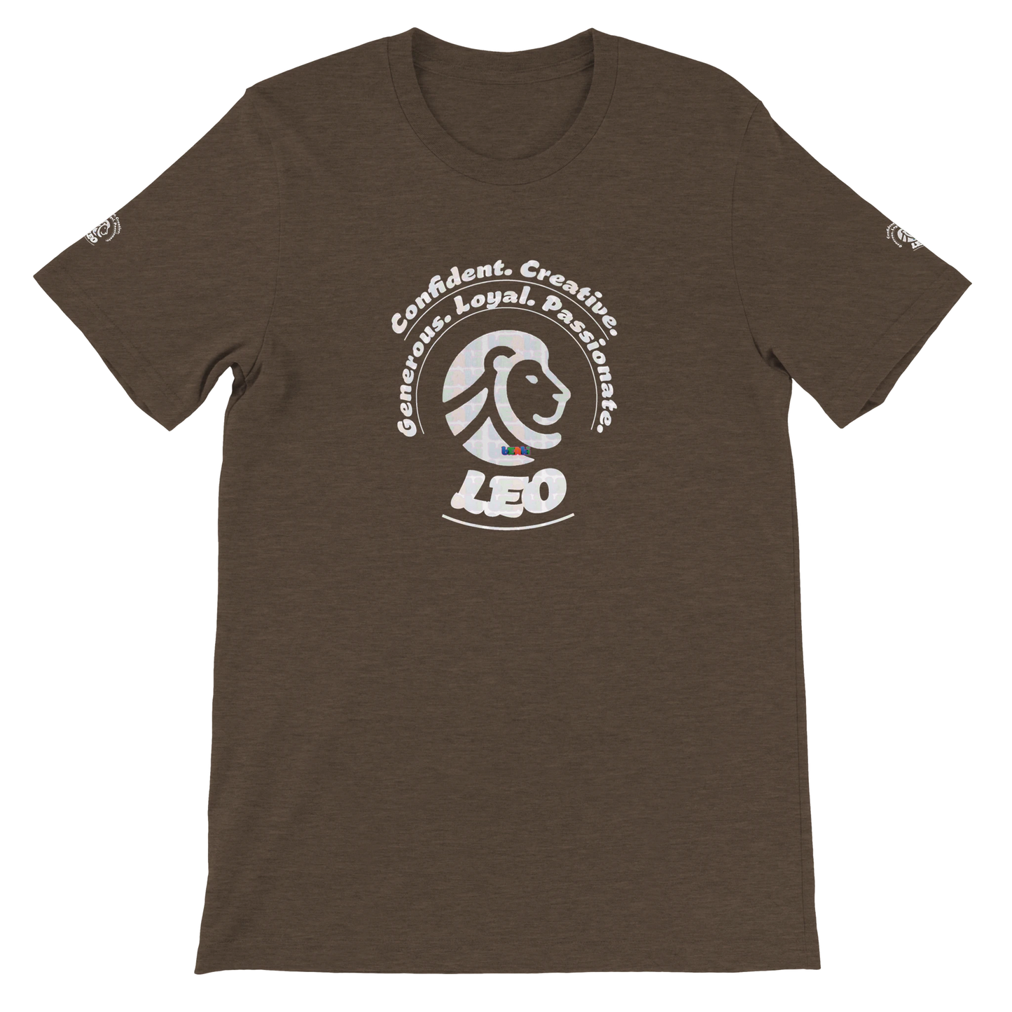 Brown unisex crewneck T-shirt with Leo Zodiac Astrology Lion Logo Characters Confident, Creative, Generous, Loyal, Passionate