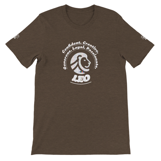 Brown unisex crewneck T-shirt with Leo Zodiac Astrology Lion Logo Characters Confident, Creative, Generous, Loyal, Passionate