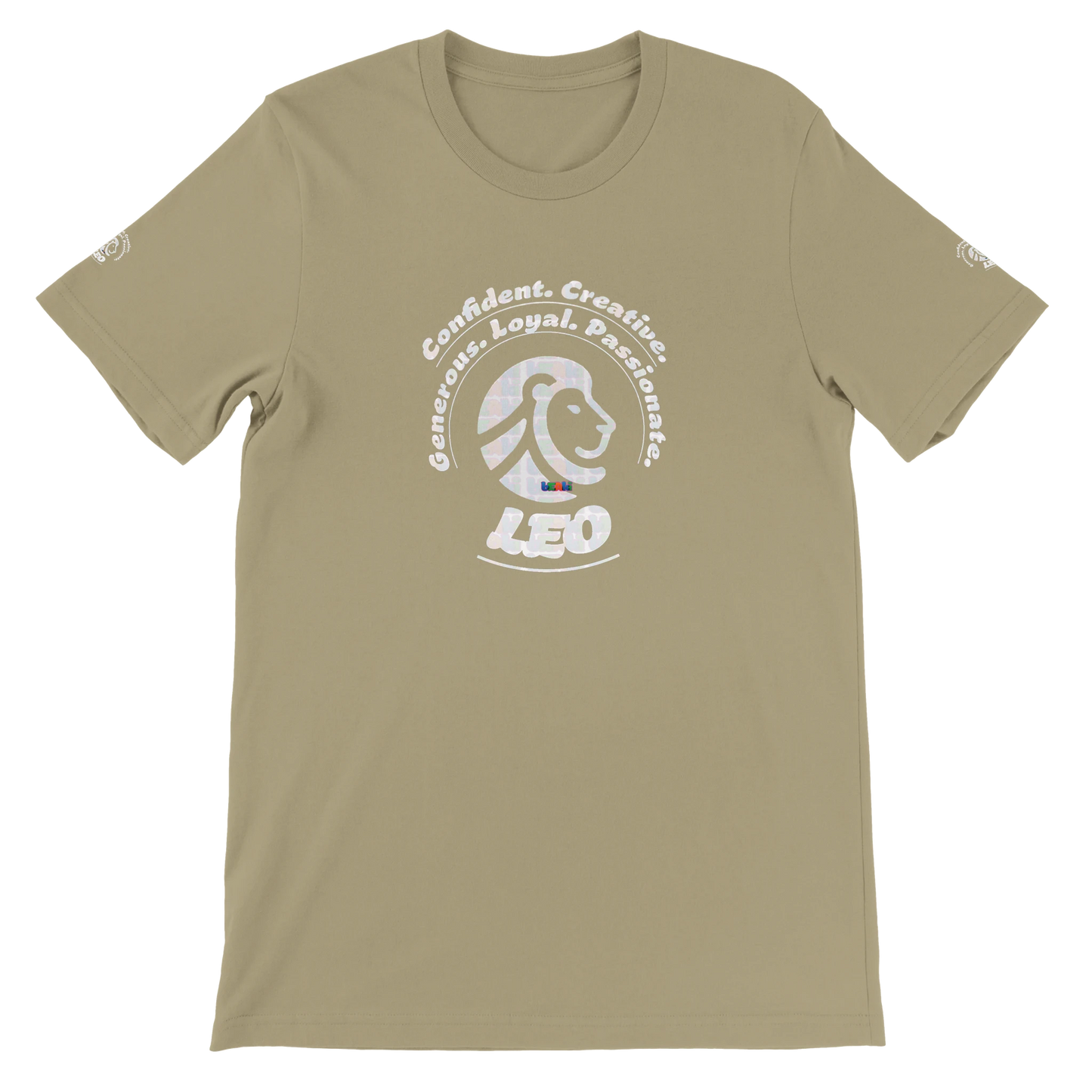 Brown unisex crewneck T-shirt with Leo Zodiac Astrology Lion Logo Characters Confident, Creative, Generous, Loyal, Passionate