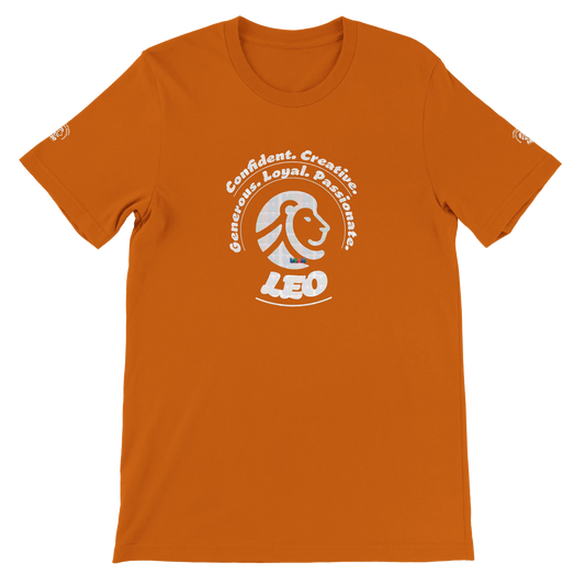 Orange unisex crewneck T-shirt with Leo horoscope, perfect birthday gift for astrology lover, Lion Logo by trendybuybest.com