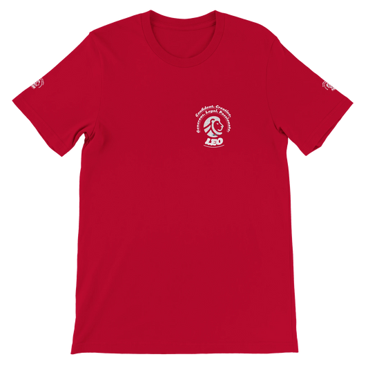 Red Premium unisex crewneck T-shirt with Leo horoscope astrology Lion sign design for Special Love One, by trendybuybest.com