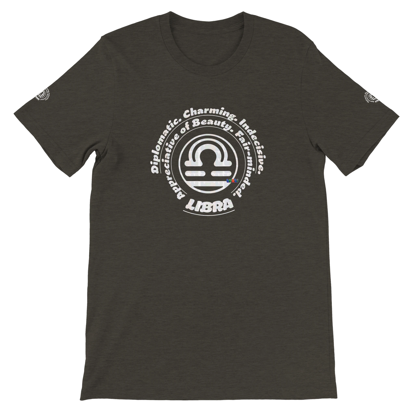 Black unisex T-shirt Libra Horoscope design. Characters Diplomatic, Charming, Indecisive, Appreciative of Beauty, Fair-minded