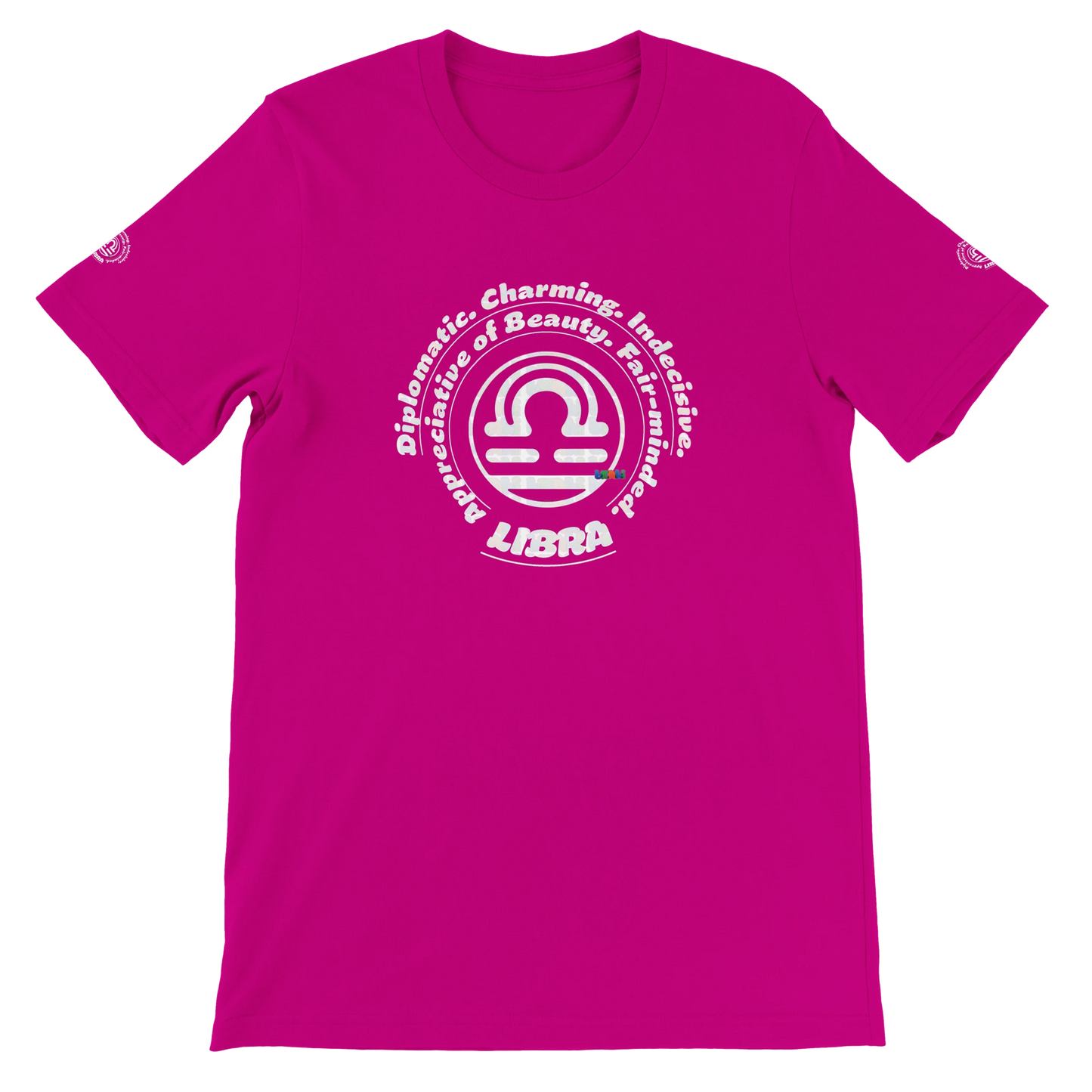 Purple unisex crewneck T-shirt with Libra Logo zodiac, perfect birthday gift for horoscope lovers, soft and stylish for all.