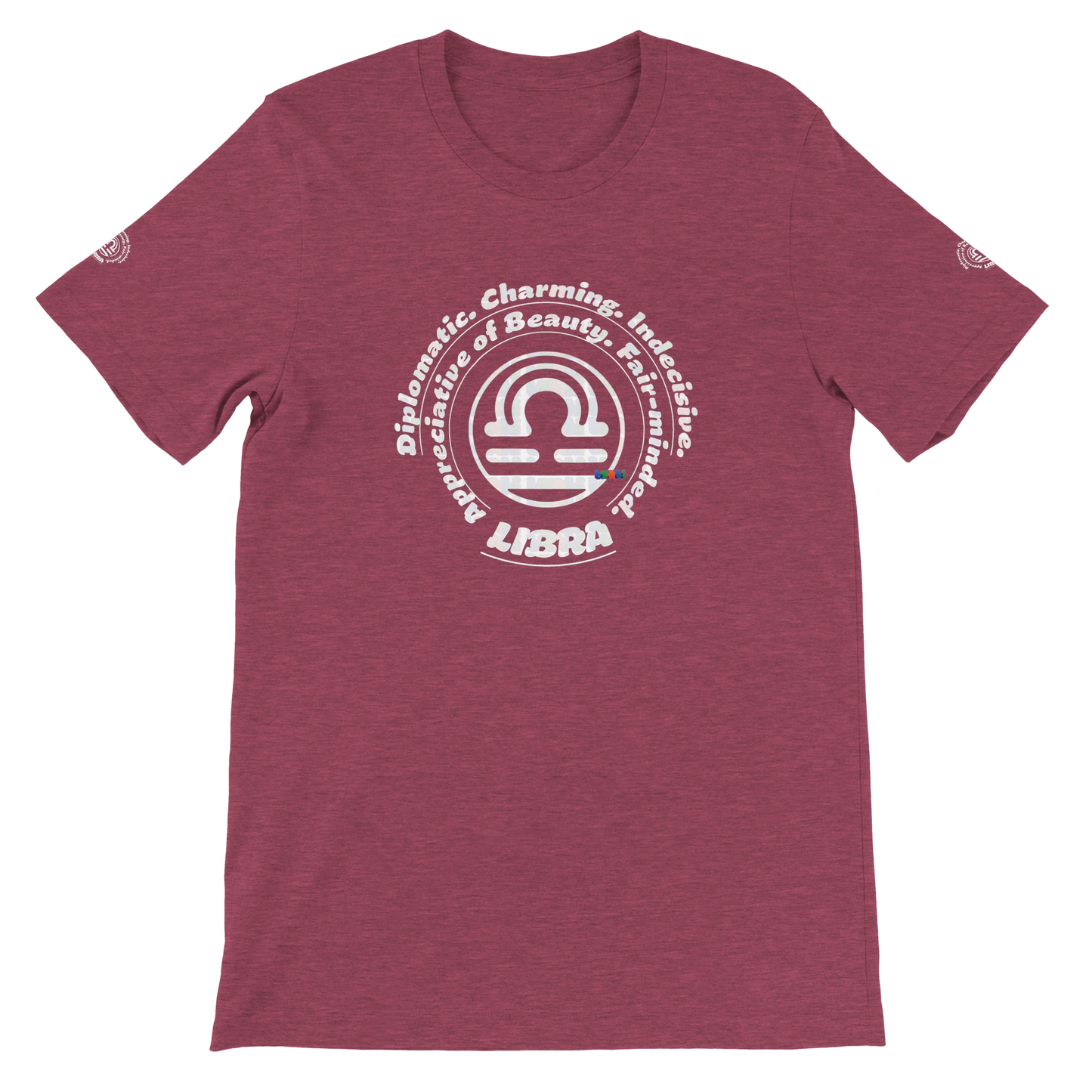 Purple unisex crewneck T-shirt with Libra Logo zodiac, perfect birthday gift for horoscope lovers, soft and stylish for all.