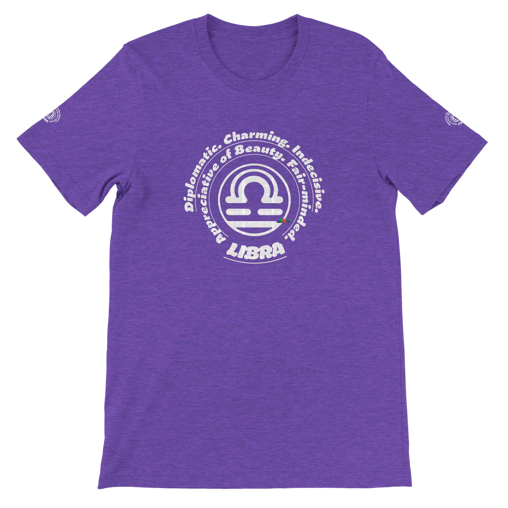Purple unisex crewneck T-shirt with Libra Logo zodiac, perfect birthday gift for horoscope lovers, soft and stylish for all.