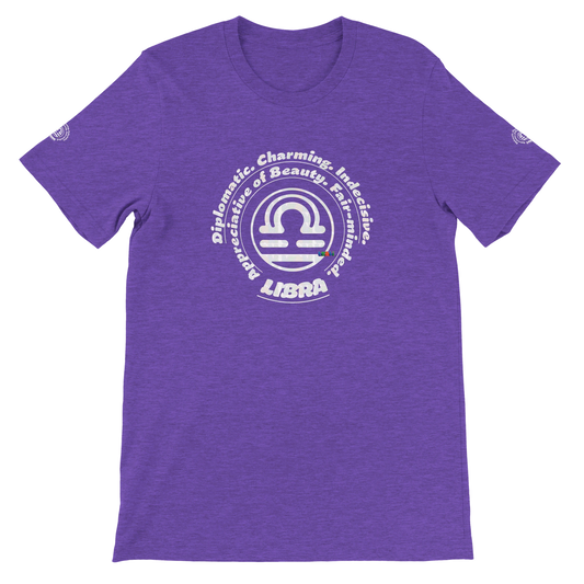 Purple unisex crewneck T-shirt with Libra Logo zodiac, perfect birthday gift for horoscope lovers, soft and stylish for all.