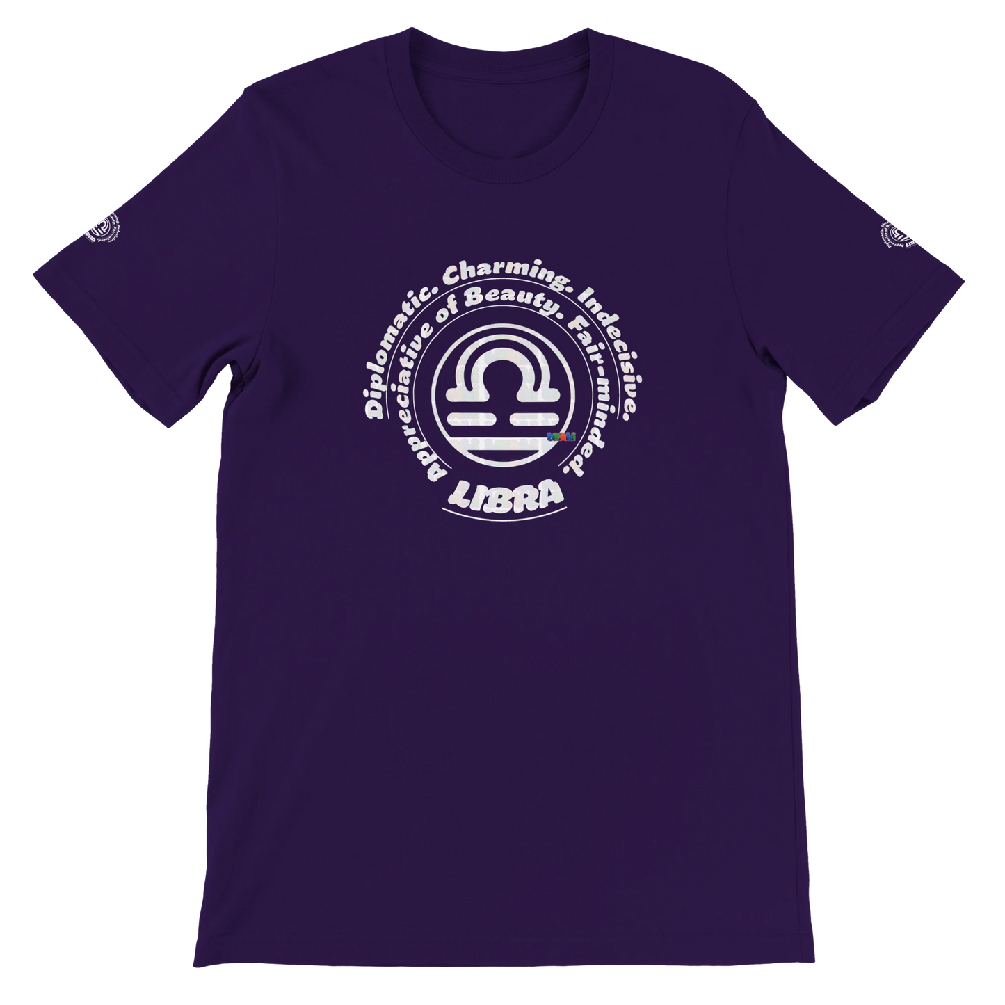 Purple unisex crewneck T-shirt with Libra Logo zodiac, perfect birthday gift for horoscope lovers, soft and stylish for all.