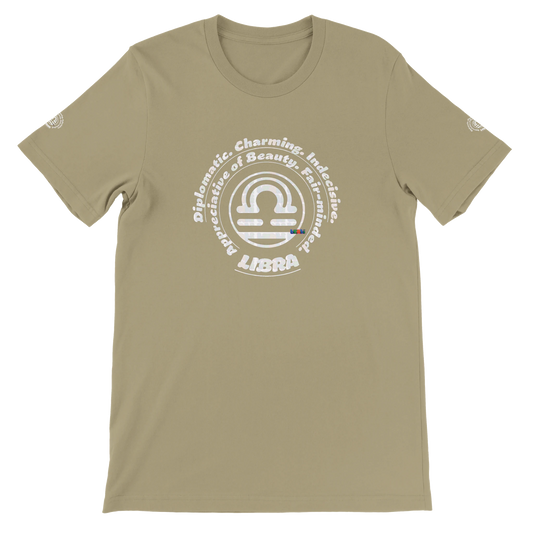 Brown unisex T-shirt Libra Horoscope design. Characters Diplomatic, Charming, Indecisive, Appreciative of Beauty, Fair-minded