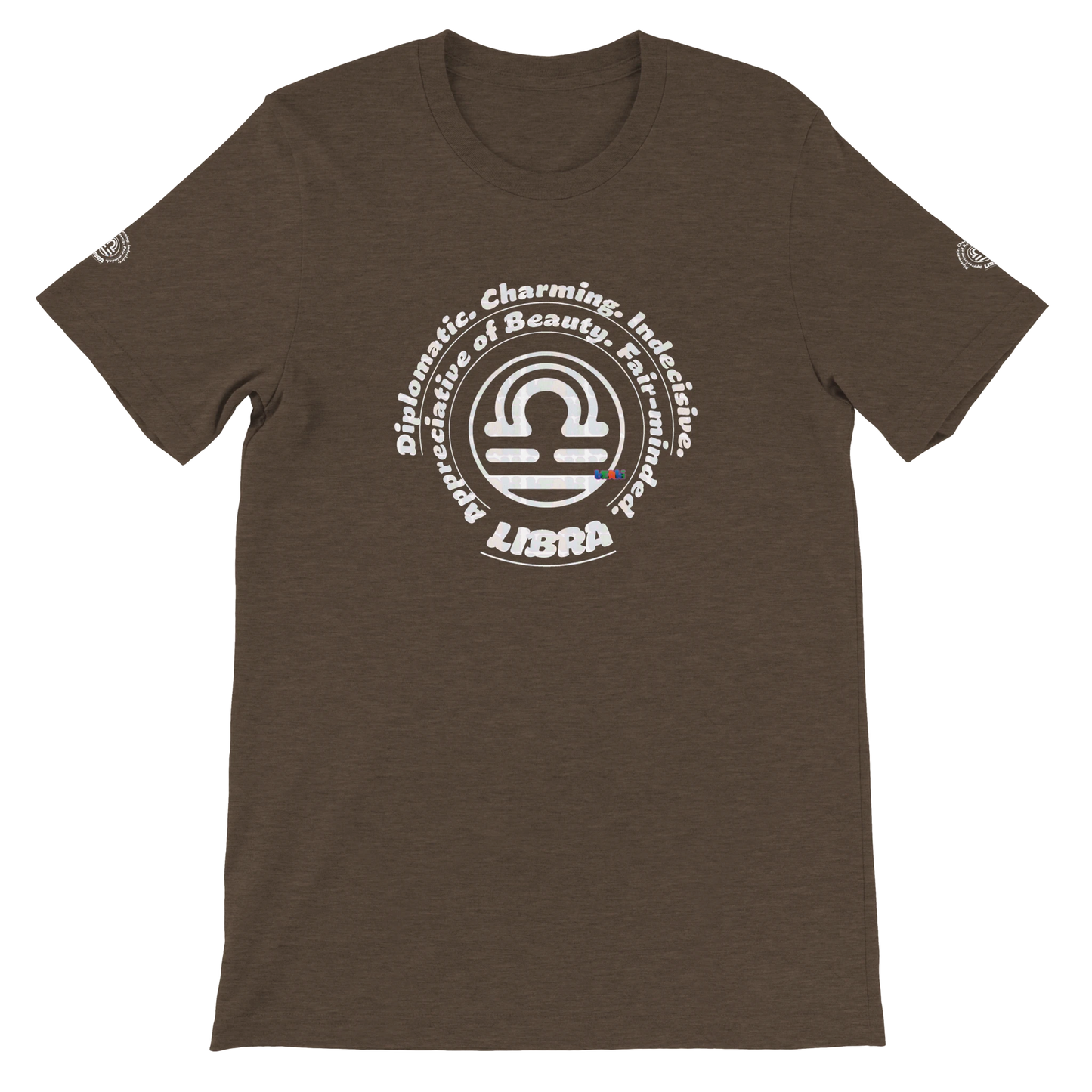 Brown unisex T-shirt Libra Horoscope design. Characters Diplomatic, Charming, Indecisive, Appreciative of Beauty, Fair-minded