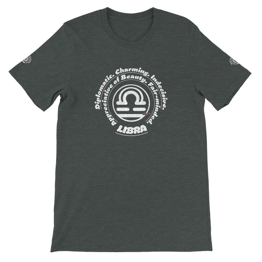 Gray unisex crewneck Premium T-shirt for Balanced Clever Elegance Libra with Horoscope Astrology design. Best Birthday Gift.