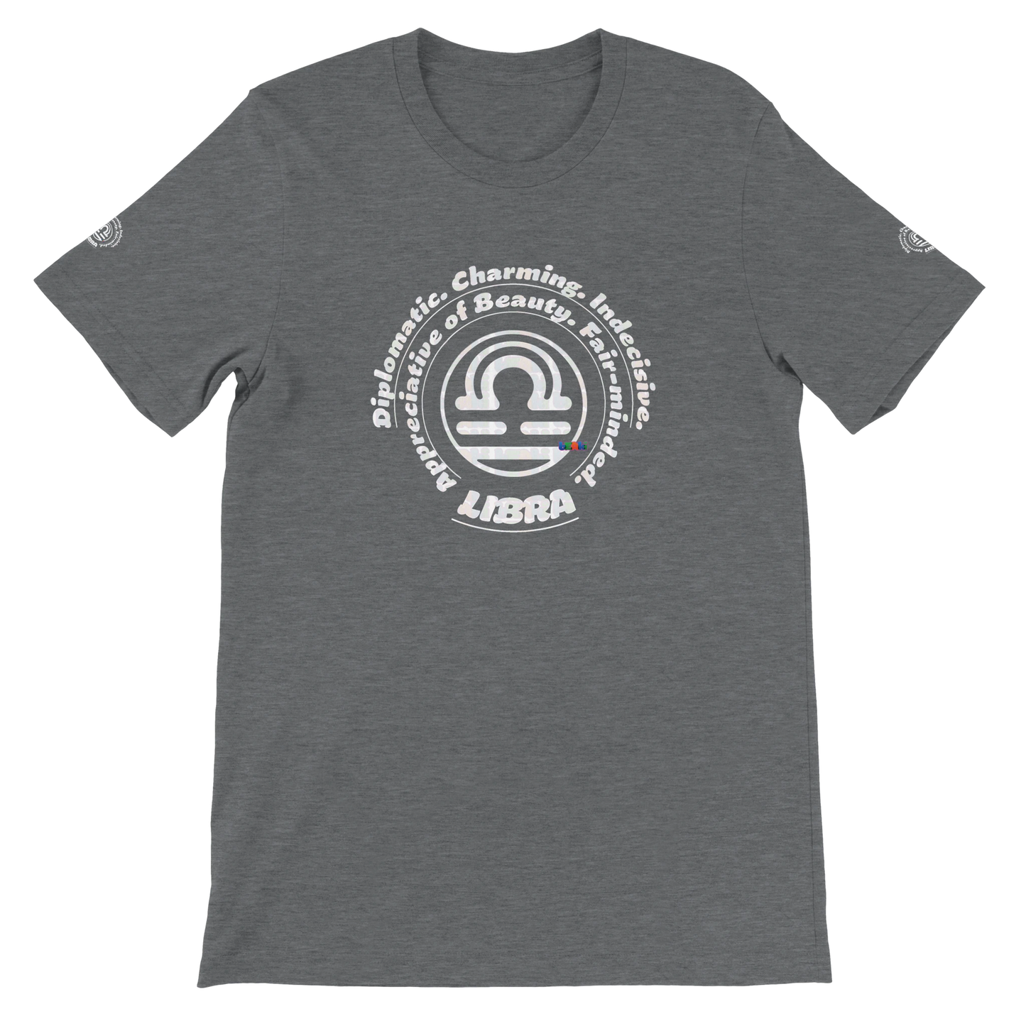 Gray unisex crewneck Premium T-shirt for Balanced Clever Elegance Libra with Horoscope Astrology design. Best Birthday Gift.