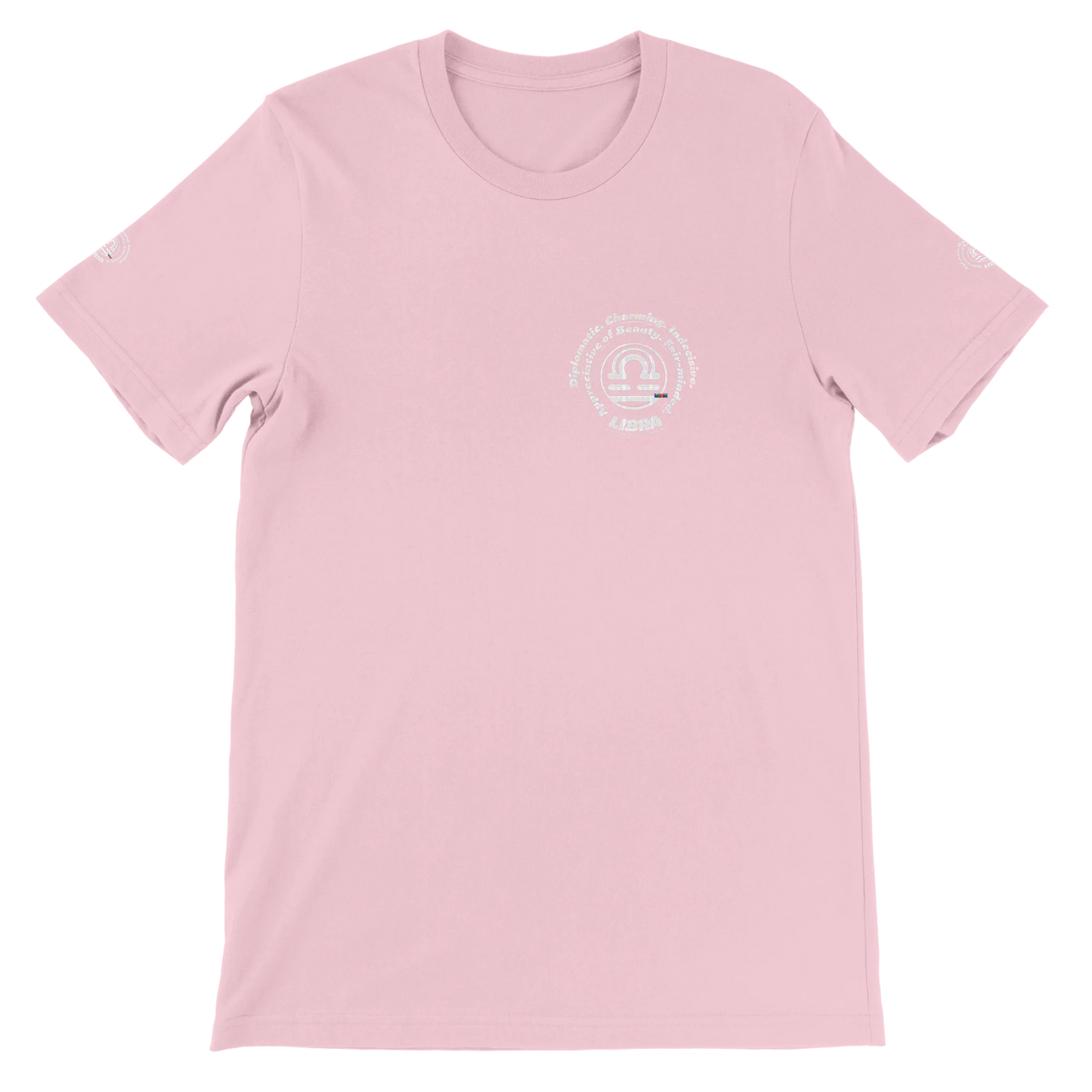 Pink unisex crewneck Premum T-shirt with Libra horoscope sign, perfect birthday gift for astrology lover by trendybuybest.com
