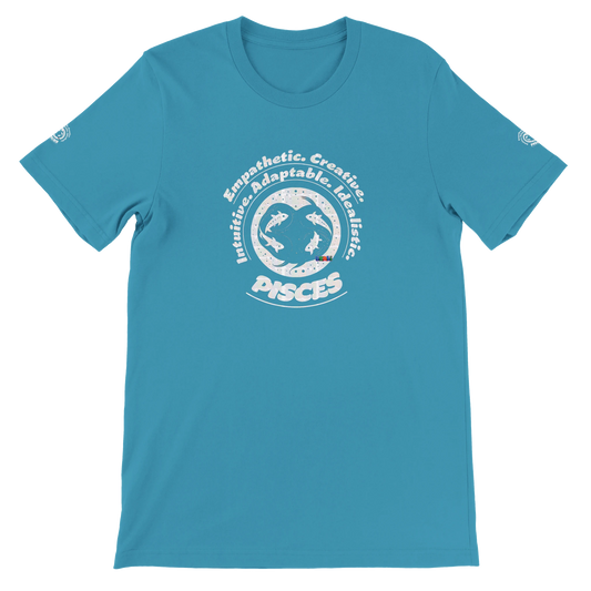 Blue unisex crewneck T-shirt with Pisces zodiac horoscope, with empathy, creativity, intuition, adaptability, and idealism.