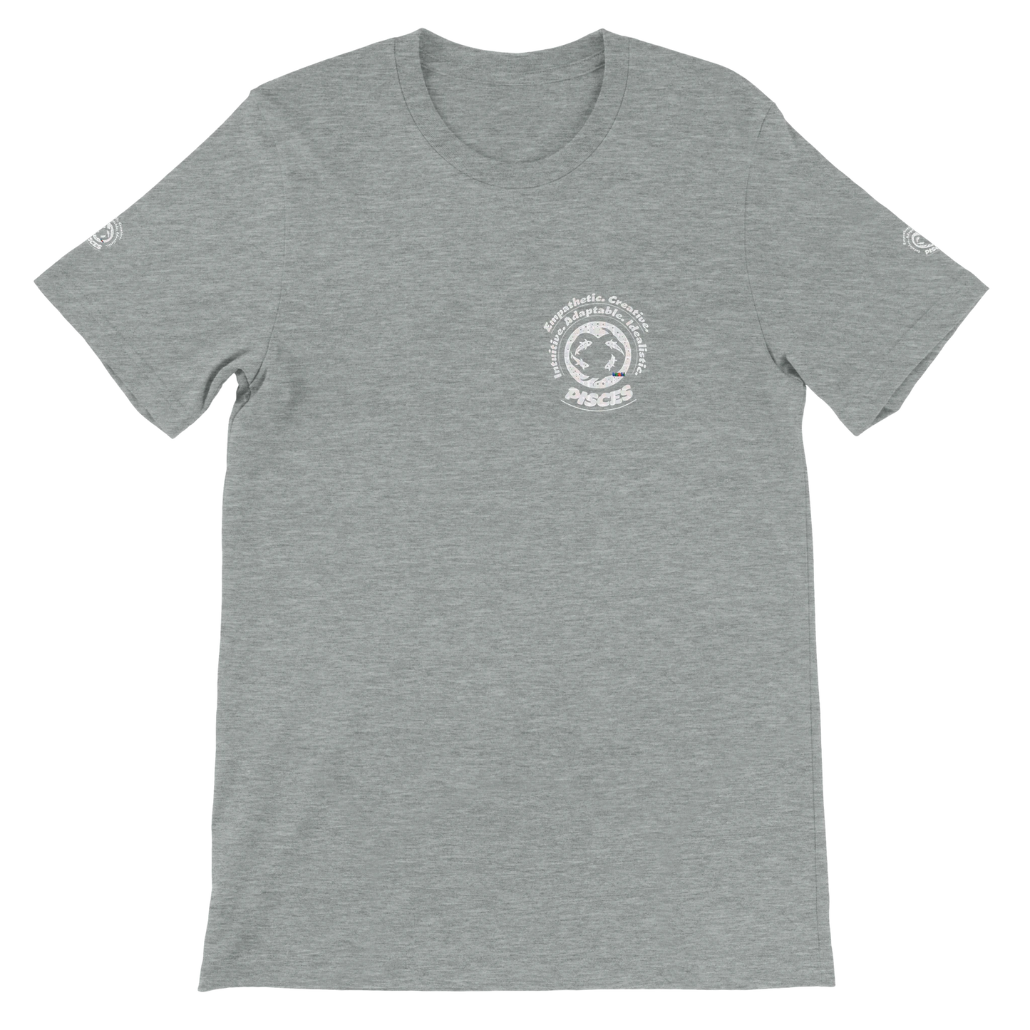 Gray unisex crewneck T-shirt with Pisces zodiac design, perfect birthday gift for horoscope lovers, by trendybuybest.com.