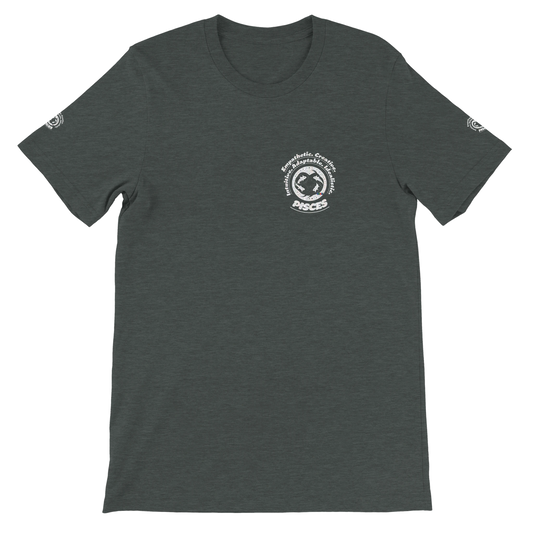 Gray unisex crewneck T-shirt with Pisces zodiac design, perfect birthday gift for horoscope lovers, by trendybuybest.com.