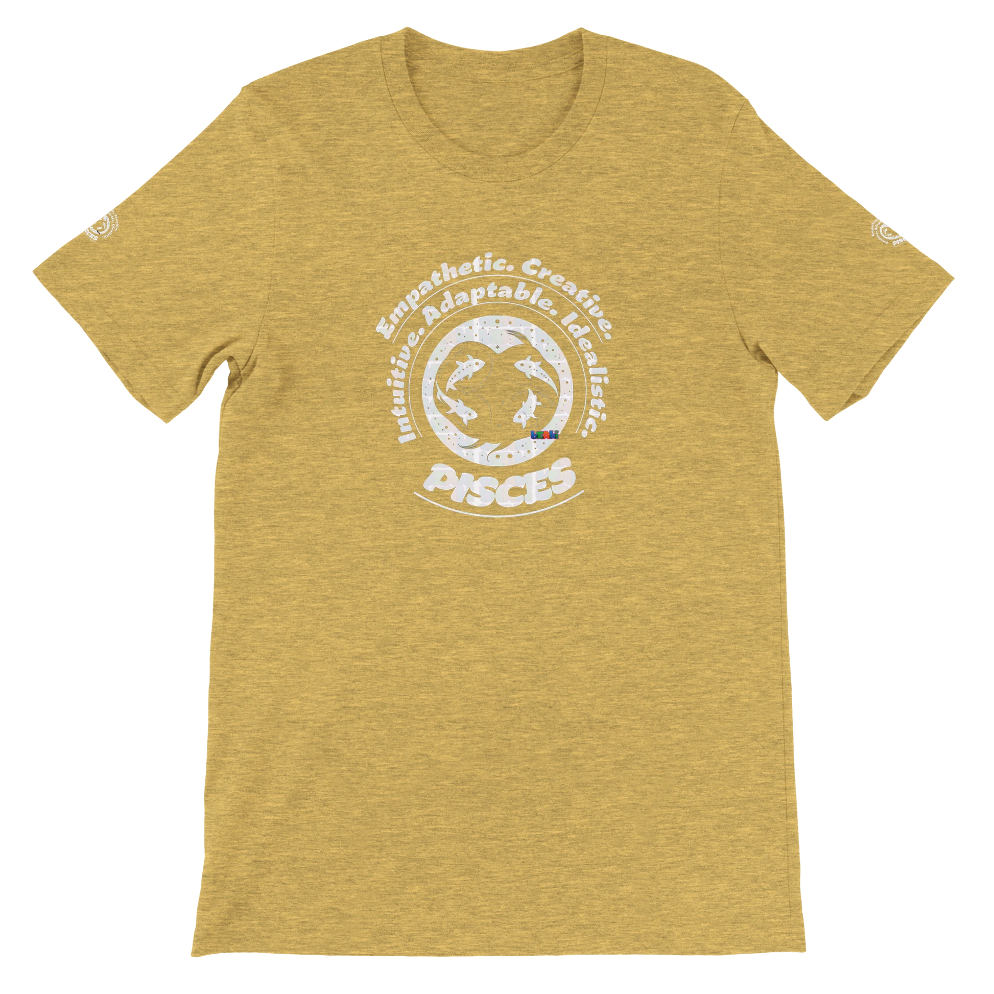 Yellow unisex crewneck T-shirt with Pisces horoscope design. Ideal gift for a special loved one. Soft, stylish, and unique.
