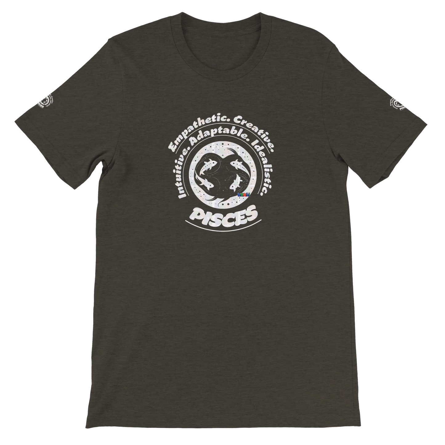 Black unisex crewneck T-shirt with Pisces zodiac design, perfect birthday gift for horoscope lovers, by trendybuybest.com.