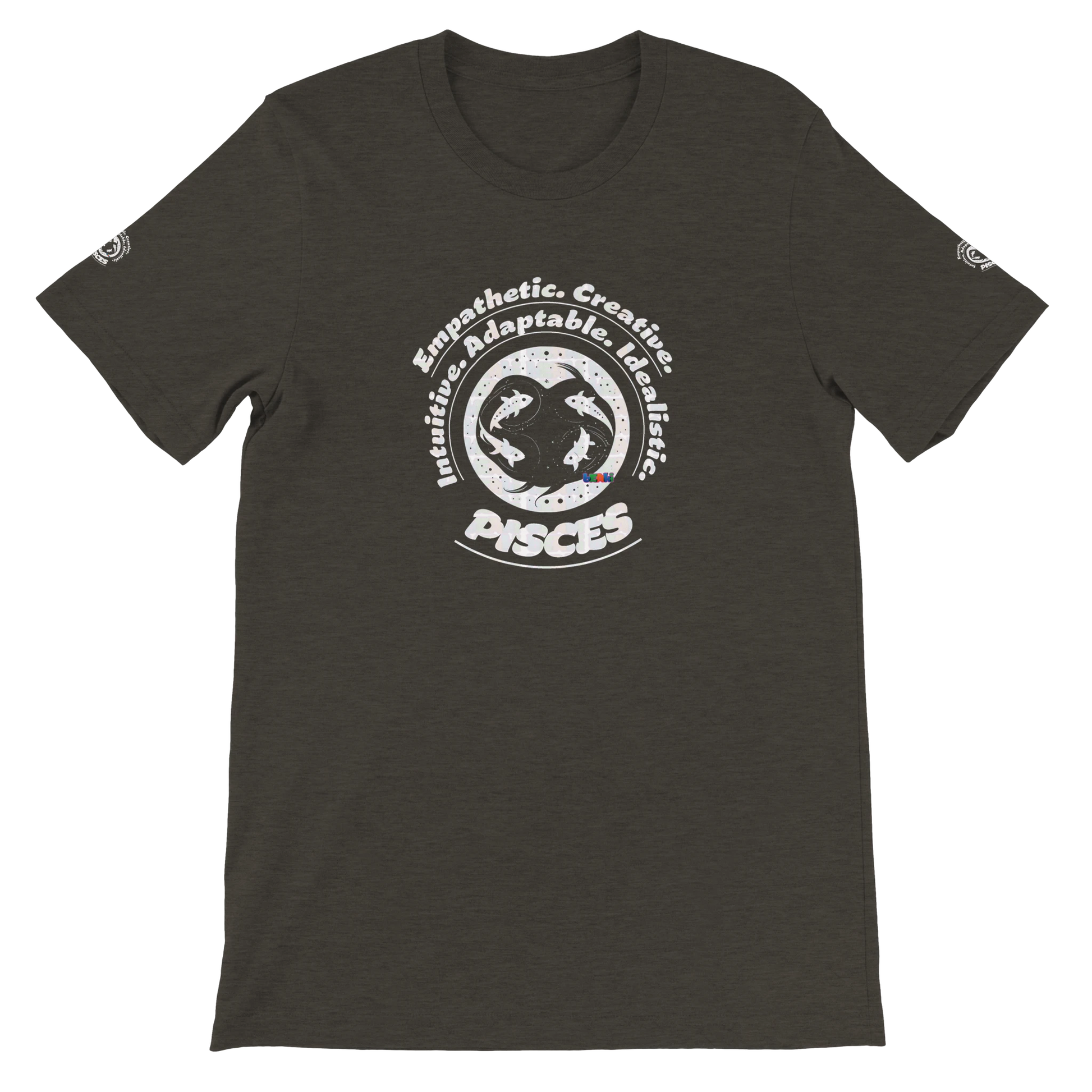 Black unisex crewneck T-shirt with Pisces zodiac design, perfect birthday gift for horoscope lovers, by trendybuybest.com.