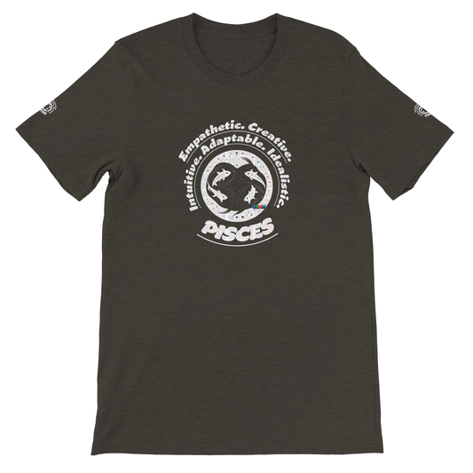 Black unisex crewneck T-shirt with Pisces zodiac design, perfect birthday gift for horoscope lovers, by trendybuybest.com.