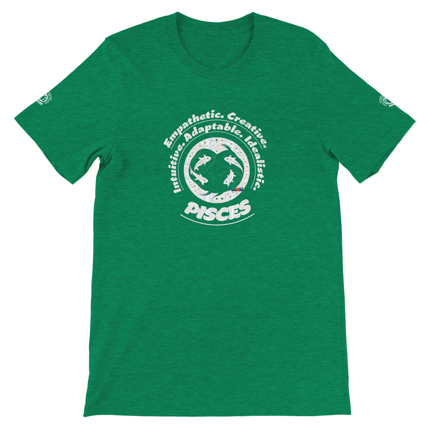 Green unisex crewneck T-shirt with Pisces design, perfect zodiac gift, stylish and comfortable for astrology enthusiasts.
