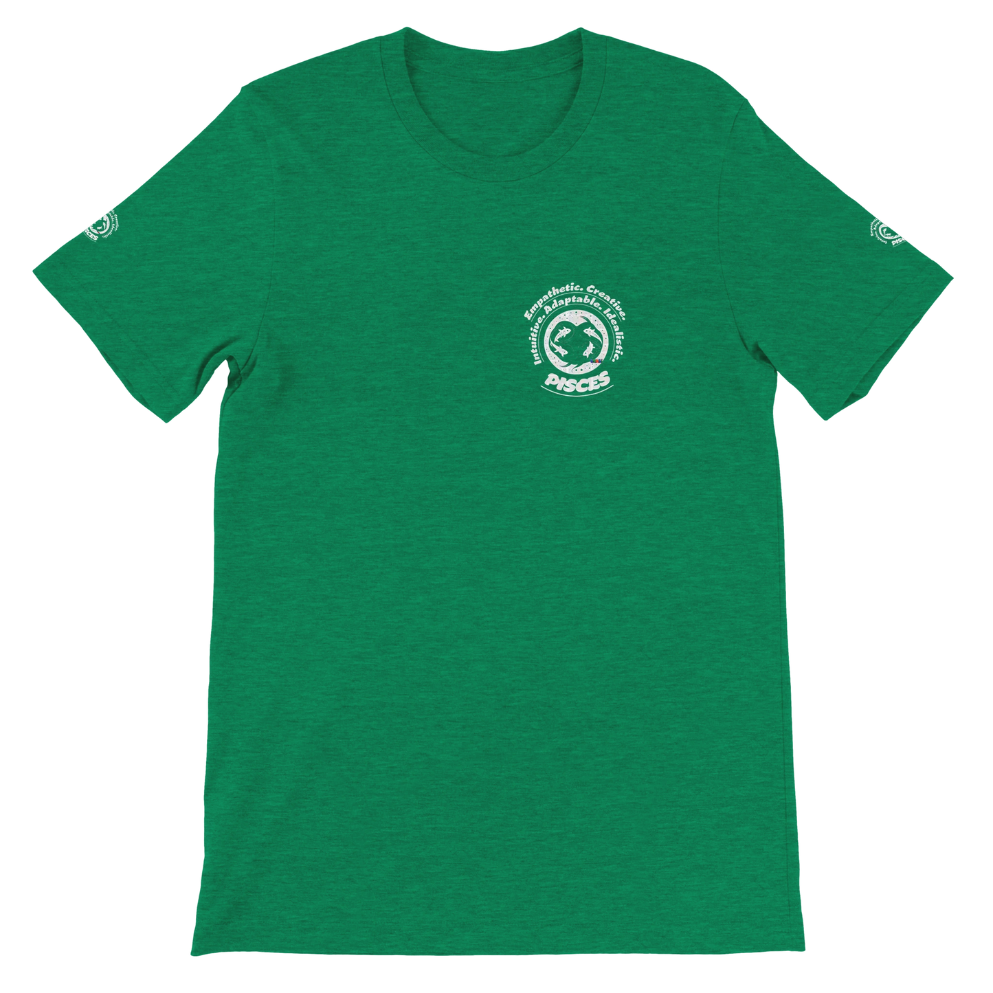 Green unisex crewneck T-shirt with Pisces design, perfect zodiac gift, stylish and comfortable for astrology enthusiasts.