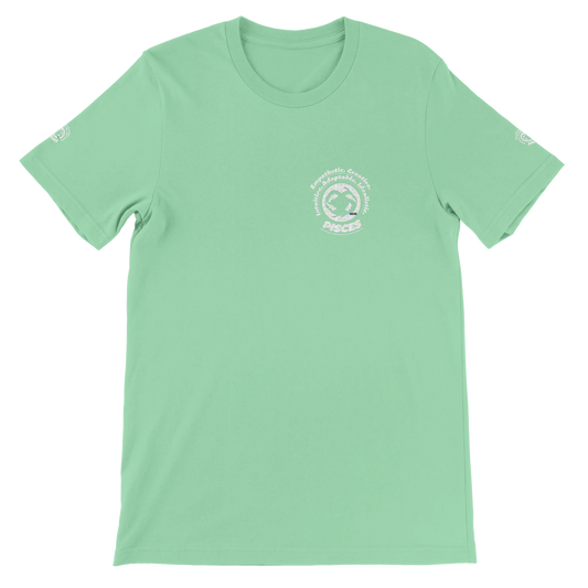 Green unisex crewneck T-shirt with Pisces design, perfect zodiac gift, stylish and comfortable for astrology enthusiasts.