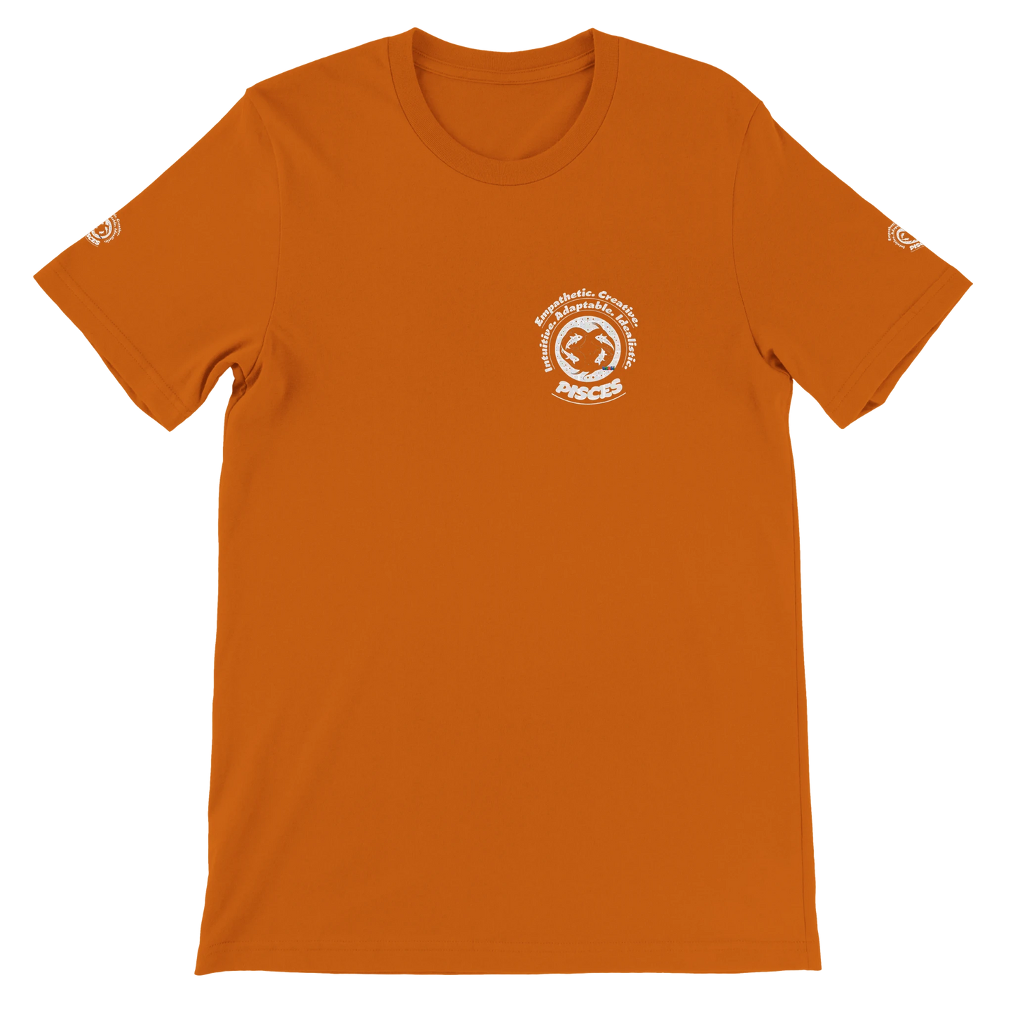 Orange unisex crewneck T-shirt with Pisces Zodiac Astrology Personality Character design, lovers of Fish Aqua Marine Sea Life